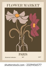 Abstract Flower Market Paris poster. Trendy botanical wall art with floral design in danish pastel colors on dark. Modern naive groovy funky retro interior decoration, painting. Vector illustration