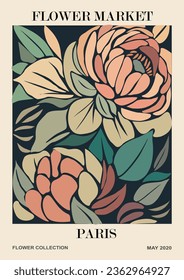 Abstract Flower Market Paris poster. Trendy botanical wall art with peony floral design in earth tone colors. Modern naive groovy funky interior decoration, painting. Vector art illustration.