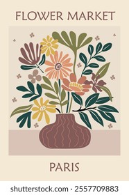 Abstract Flower Market Paris poster. Trendy botanical wall art with floral design in danish pastel colors. Modern naive groovy funky interior decoration, painting. Vector art illustration 