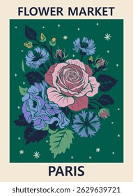 Abstract Flower Market Paris poster. Trendy botanical wall art with rose and thistle flowers. Modern naive groovy funky interior decoration, painting. Vector art illustration