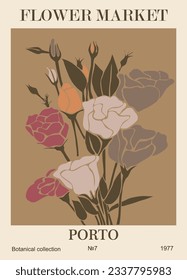 Abstract Flower Market Porto poster. Trendy botanical wall art with Protea floral design in danish pastel colors. Modern naive groovy funky interior decoration, painting. Vector art illustration