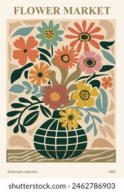 Abstract Flower Market poster. Trendy botanical wall art with floral design in earth tone color palette. Modern naive groovy funky interior decoration, painting. Vector art illustration. Not AI genera