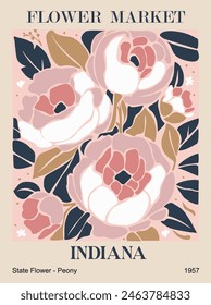 Abstract Flower Market poster. Trendy botanical wall art with Peony, Indiana state flower . Modern naive groovy funky interior decoration, painting. Vector art illustration.