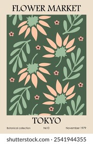 Cartaz do Mercado de Flores. Trendy arte de parede botânica com design floral em tons de terra sage cores verdes. Moderno ingênuo groovy funky decoração interior, pintura. Ilustração de arte vetorial