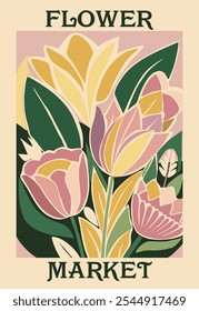 Abstract Flower Market poster. Trendy botanical wall art with floral  pastel design in danish colors. Modern naive groovy funky interior decoration, painting. Vector art illustration