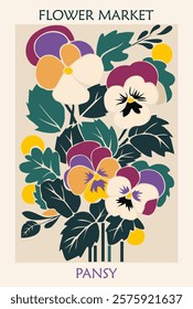 Abstract Flower Market poster. Trendy botanical wall art with Pansy floral design in vivid bright colors. Modern naive groovy funky hippie interior decoration, painting. Vector art illustration.