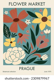 Abstract Flower Market Prague poster. Trendy botanical wall art with floral design in danish pastel colors. Modern naive groovy funky interior decoration, painting, print. Vector art illustration