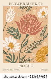 Abstract Flower Market Prague poster. Trendy botanical wall art with floral design in danish pastel colors. Modern naive groovy funky interior decoration, painting. Vector art illustration