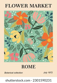 Abstract Flower Market Rome poster. Trendy botanical wall art with floral design in danish pastel colors. Modern naive groovy funky hippie interior decoration, painting. Vector art illustration.