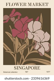 Abstract Flower Market Singapore retro poster. Trendy botanical wall art with floral design in danish pastel colors. Modern naive groovy funky interior decoration, painting. Vector art illustration