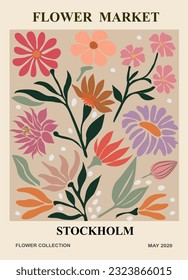 Abstract Flower Market Stockholm poster. Trendy botanical wall art with floral design in danish pastel colors. Modern naive groovy funky interior decoration, painting. Vector art illustration.