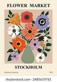 Abstract Flower Market Stockholm print poster. Trendy botanical wall art with floral design in sage green colors. Modern naive groovy funky interior decoration, painting. Vector art illustration.