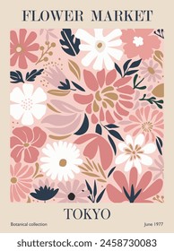 Abstract Flower Market Tokyo poster. Trendy botanical wall art with floral design in pastel pink colors. Modern naive groovy funky hippie interior decoration, painting. Vector art illustration.