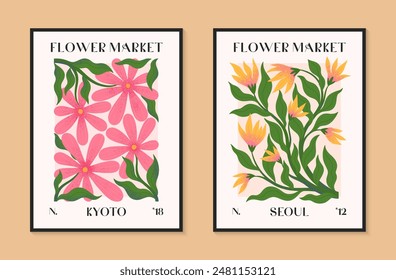 Abstractas mercado de flores afiches de Vector con flores dibujadas a mano. Ilustraciones botánicas modernas para estampados, volantes, Anuncios, invitaciones, diseño de marca, cubiertas, decoración del hogar.