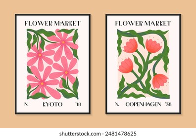 Abstractas mercado de flores afiches de Vector con flores dibujadas a mano. Ilustraciones botánicas modernas para estampados, volantes, Anuncios, invitaciones, diseño de marca, cubiertas, decoración del hogar.