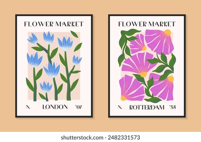 Abstract flower market vector posters with hand drawn florals.Modern botanical illustrations for prints,flyers,banners,invitations,branding design,covers,home decoration.