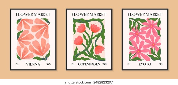 Abstract flower market vector posters with hand drawn florals.Modern botanical illustrations for prints,flyers,banners,invitations,branding design,covers,home decoration.