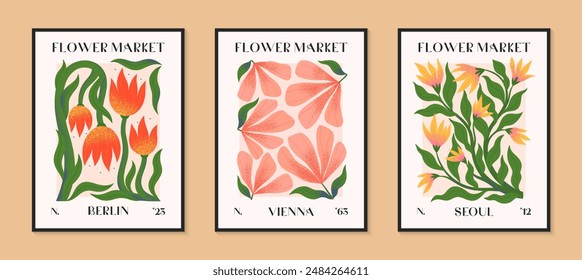Abstractas mercado de flores afiches de Vector con flores dibujadas a mano. Ilustraciones botánicas modernas para estampados, volantes, Anuncios, invitaciones, diseño de marca, cubiertas, decoración del hogar.