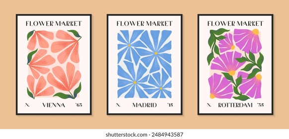 Abstractas mercado de flores afiches de Vector con flores dibujadas a mano. Ilustraciones botánicas modernas para estampados, volantes, Anuncios, invitaciones, diseño de marca, cubiertas, decoración del hogar.