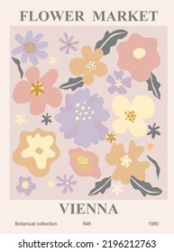 Abstract flower market Vienna poster. Trendy botanical wall art with floral design in danish pastel colors. Modern naive groovy funky interior decoration, painting. Vector art illustration.