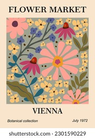 Abstract Flower Market Vienna poster. Trendy botanical wall art with floral design in danish pastel colors. Modern naive groovy funky hippie interior decoration, painting. Vector art illustration.