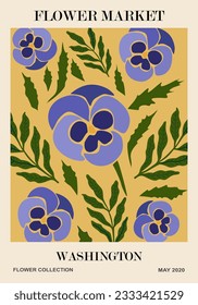 Abstract Flower Market Wahington poster. Trendy botanical wall art with Pansy floral design in yellow and blue colors. Modern naive groovy funky interior decoration, painting. Vector illustration