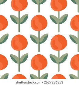 Prado floral abstrato de botões florais redondos e folhas formando um padrão minimalista em cores de laranja, verde sobre fundo branco. Padrão de vetor contínuo. Ótimo para decoração, tecido, papel de parede.