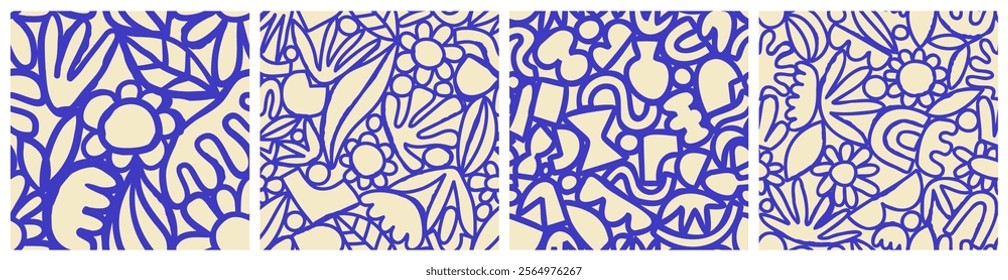 Abstract flower nature art seamless pattern illustration. Modern hand drawn floral painting texture set, spring line paint drawing background. Blue color flowers wallpaper print.