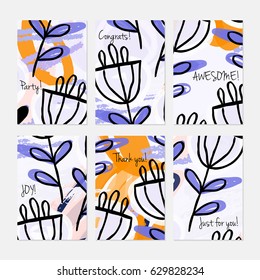 Abstract flower on crayon brush.Hand drawn creative invitation or greeting cards template. Anniversary, Birthday, wedding, party, social media banners set of 6. Isolated on layer.