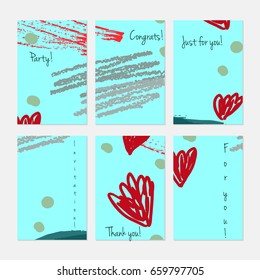 Abstract flower on crayon brush.Hand drawn creative invitation or greeting cards template. Anniversary, Birthday, wedding, party, social media banners set of 6. Isolated on layer.