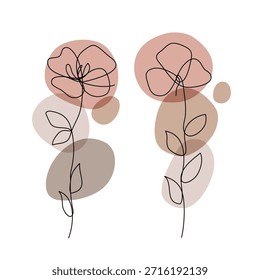 Abstract Flower One Continuous Line Art Botanical with Earth Tone Organic Shapes. Vector Illustration