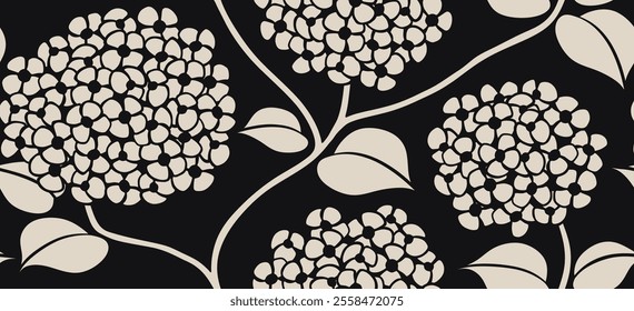 Abstract flower organic seamless pattern  black floral leaves geometric background.