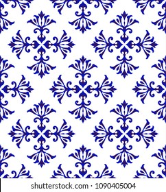Abstract flower ornament backdrop damask style, seamless blue and white royal floral pattern, baroque background for design, porcelain, ceramic, tile, texture, wall, paper, fabric, vector illustration