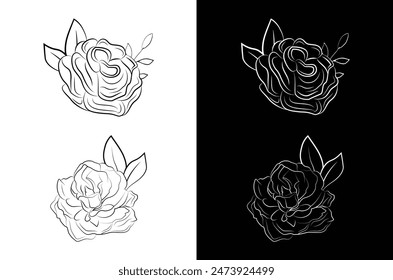 Abstract Flower Outline Vector Hand Drawing Line Art Design, Flower Black Color Vector Line Art Design. Minimal Isolated Flower Vector.