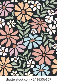 Abstract flower patern. Trendy botanical wall arts with floral design in danish pastel colors. Modern naive groovy funky interior decorations, paintings. Vector art illustration.