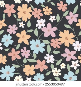 Abstract flower patern. Trendy botanical wall arts with floral design in danish pastel colors. Modern naive groovy funky interior decorations, paintings. Vector art illustration.