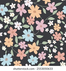 Abstract flower patern. Trendy botanical wall arts with floral design in danish pastel colors. Modern naive groovy funky interior decorations, paintings. Vector art illustration.