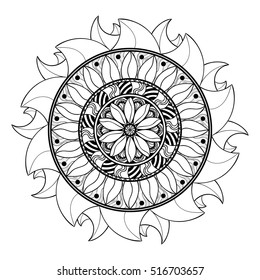 Abstract flower pattern, black and white vector, ethnic motifs, aster,sun