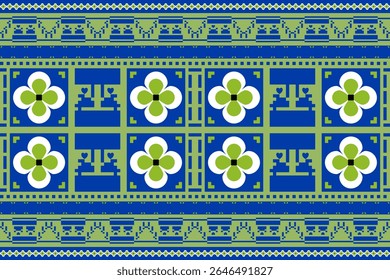 Abstrato desenho de padrão de flores de folclore geométrico tradicional em azul e verde. Vetor de fundo de flor. Conceito de floral colorido, pixel, bordado, botânica para papel de embrulho, impressão de tecido, textura.