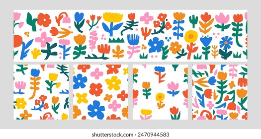 Abstractas patrón de flores. Fondo sin costuras de la planta del doodle. Coloridos Elementos florales, flores, hojas y ramas. Formas botánicas de papel recortado. Estilo ingenuo para niños. juego de Vectores