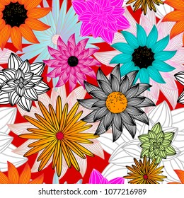 Abstract flower pattern seamless, artistic illustration with daisies and sunflower