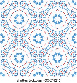 Abstract flower pattern. Seamless boho design element. Vector blue red background. Intricate ornament. Unusual texture fashionable fabric, furniture cloth print, wallpaper graphic, interior decoration