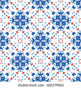 Abstract flower pattern. Seamless boho design element. Vector blue red background. Intricate ornament. Unusual texture fashionable fabric, furniture cloth print, wallpaper graphic, interior decoration