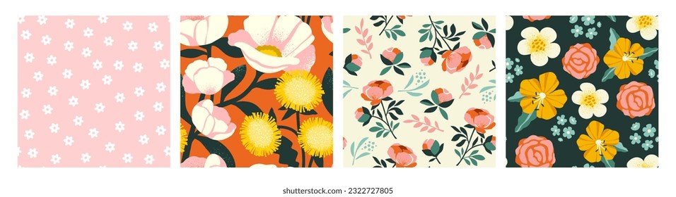 Abstract flower pattern. Seamless print with leaves, flowering plants and flowers. Blooming background for wallpaper, wrappers and textile design. Cartoon flat vector set isolated on white background