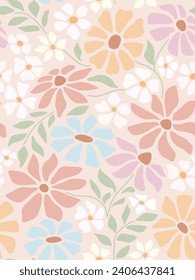 Abstract flower pattern. Trendy botanical wall arts with floral design in danish pastel colors. Modern naive groovy funky interior decorations.