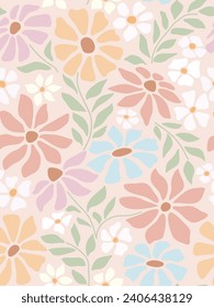 Abstract flower pattern. Trendy botanical wall arts with floral design in danish pastel colors. Modern naive groovy funky interior decorations.