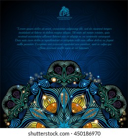 Abstract flower or peacock feather pattern down on blue background
