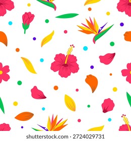 Patrón sin fisuras de confeti de pétalos de flores Abstractas. Fondo de Vector plano con Formas que soplan para las celebraciones de verano, papel de regalo de fiesta, Gráficos para video dinámicos y estampados de tela juguetones.