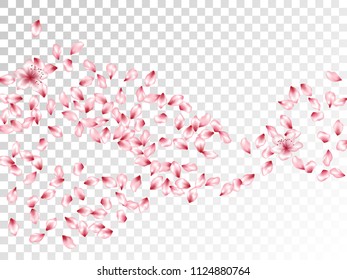 Abstract flower petals flying vector background. Spring blossom elements, cherry, peach or apple bloom petals falling windy vector design.