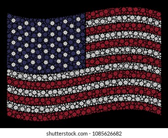 Abstract flower pictograms are combined into waving American flag abstraction on a dark background. Vector composition of American state flag is composed with abstract flower items.